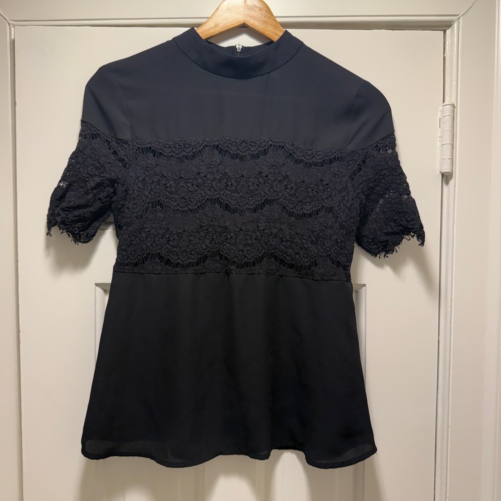 Wayf Black Lace-Trim Short Sleeve Blouse